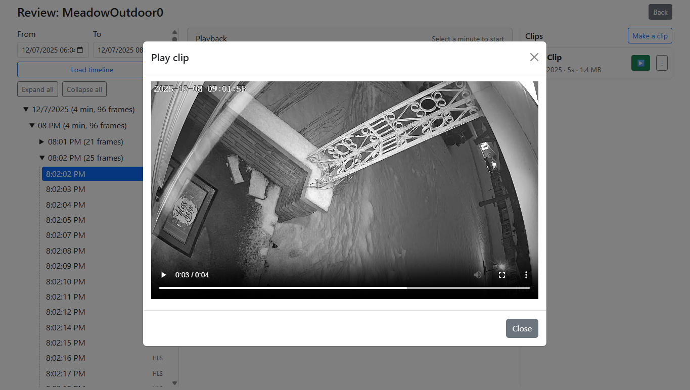 Clips panel with create, play, download, and rename options